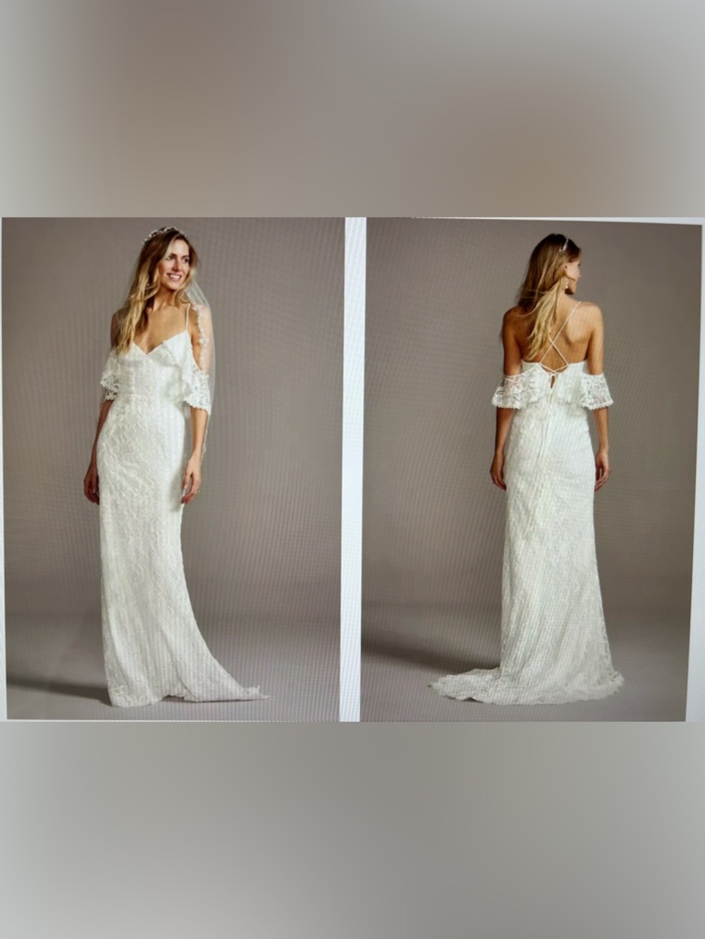 David's Bridal Ivory Lace Off-Shoulder Dress